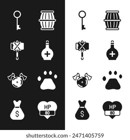 Set Flasche mit Trank, Mittelalterliche Axt, Alter Schlüssel, Waffenpuderfass, Schild, Bärenpfotenfußabdruck, Video-Spiel und Geldbeutel-Ikone. Vektorgrafik
