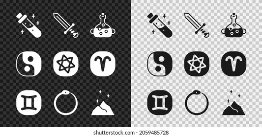 Set Bottle with potion, Medieval sword, Poison in bottle, Gemini zodiac, Ouroboros, Magic powder, Yin Yang and Tarot cards icon. Vector