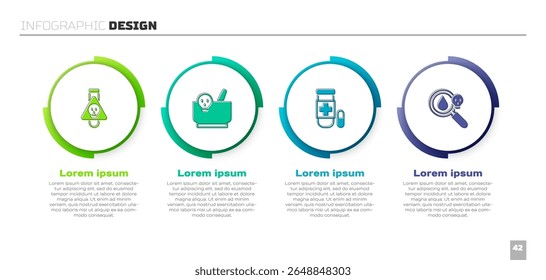 Set Bottle with potion, Mortar and pestle, Antidote and Poison magnifying glass. Business infographic template. Vector