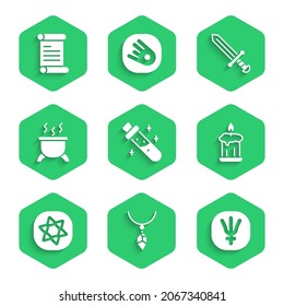 Set Bottle with potion, Necklace crystal, Neptune planet, Burning candle, Tarot cards, Witch cauldron, Medieval sword and Decree, parchment, scroll icon. Vector