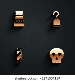 Set Bottle with potion, Pirate hook, Candy and Skull icon with long shadow. Vector