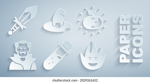 Set Bottle with potion, Poison apple, Vampire, Fire flame, Witch hat and Medieval sword icon. Vector