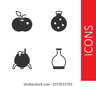 Set Bottle with potion, Poison apple, Witch cauldron and  icon. Vector