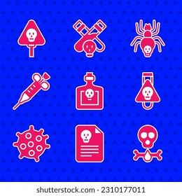 Set Bottle with potion, Radiation warning document, Bones and skull, Bacteria, Syringe, Poisonous spider and  icon. Vector