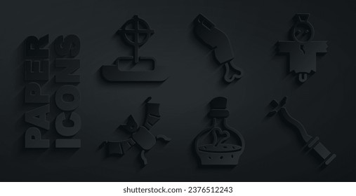 Set Bottle with potion, Scarecrow, Flying bat, Magic wand, Zombie finger and Tombstone cross icon. Vector
