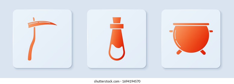 Set Bottle with potion , Scythe  and Halloween witch cauldron . White square button. Vector