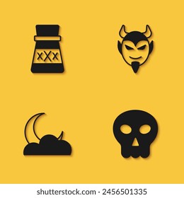 Set Bottle with potion, Skull, Moon and stars and Devil head icon with long shadow. Vector