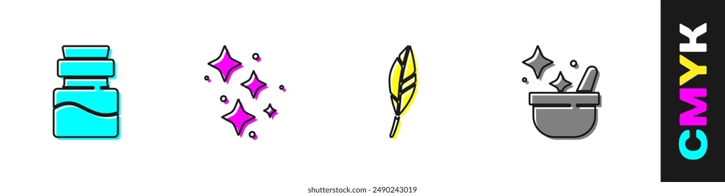 Set Bottle with potion, Sparkle stars magic, Magic feather and Witch cauldron icon. Vector