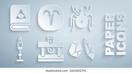Conjunto de botella con poción, araña, vela ardiente, piedra mágica, zodiaco de Aries e icono de libro mágico antiguo. Vector