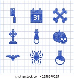 Set Bottle with potion, Spider, Pumpkin and skull, Flying bat, Tombstone cross, Crossed bones and Meat chopper icon. Vector
