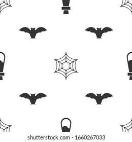 Set Bottle with potion , Spider web  and Flying bat  on seamless pattern. Vector