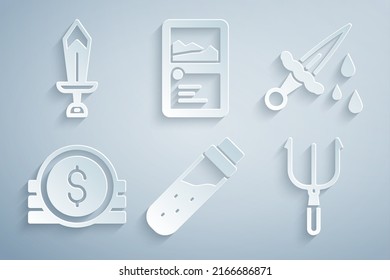 Poner botellas con poción, sangre de espadas, moneda antigua, tridente de Neptuno, colección de juegos de cartas y para iconos. Vector