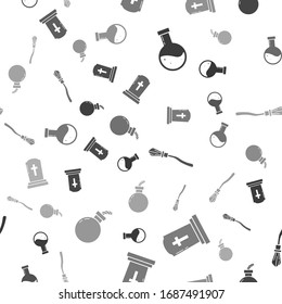 Set Bottle with potion , Tombstone with cross , Witches broom  and Bomb ready to explode  on seamless pattern. Vector