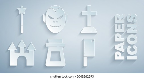 Set Bottle with potion, Tombstone cross, Castle, Meat chopper, Vampire and Magic wand icon. Vector