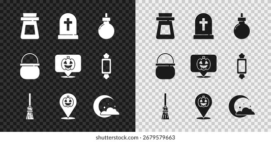 Botella con poción, cruz de lápida, bomba lista para explotar, escoba de bruja, calabaza, luna y estrellas, caldero de bruja de Halloween e icono. Vector