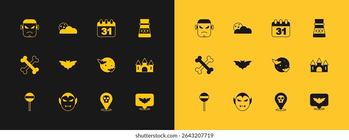 Set Bottle with potion, Vampire, Moon and stars, Skull, Flying bat, Halloween date 31 october, Frankenstein face and  icon. Vector