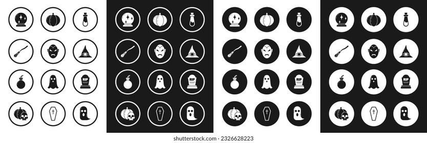 Poner botellas con poción, vampiro, escoba de brujas, bola mágica, sombrero, calabaza, RIP lápida y ícono de la bomba lista para explotar. Vector