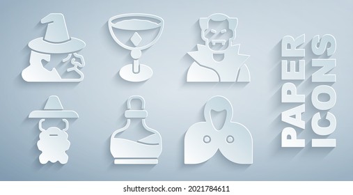 Set Bottle with potion, Vampire, Wizard warlock, Mantle, cloak, cape, Medieval goblet and Witch icon. Vector