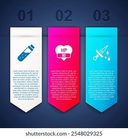 Set Bottle with potion, Video game bar and Sword blood. Business infographic template. Vector
