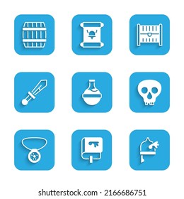 Set Bottle with potion, Viking book, horned helmet, Skull, Necklace gem, Medieval sword, Antique treasure chest and Wooden barrel icon. Vector