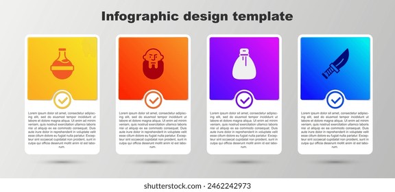 Set Botella con poción, cabeza vikinga, bolsa de dinero viejo y daga. Plantilla de infografía de negocios. Vector