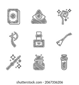 Set Bottle with potion, Witch cauldron, Witches broom, Magic wand, Wooden axe, staff and Tarot cards icon. Vector