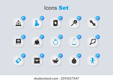 Set Bottle with potion, Witch cauldron, Rabbit ears, Circus ticket, Voodoo doll, Magic hand mirror, All-seeing eye of God and stone ring icon. Vector