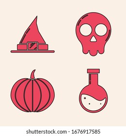 Set Bottle with potion , Witch hat , Skull  and Pumpkin  icon. Vector