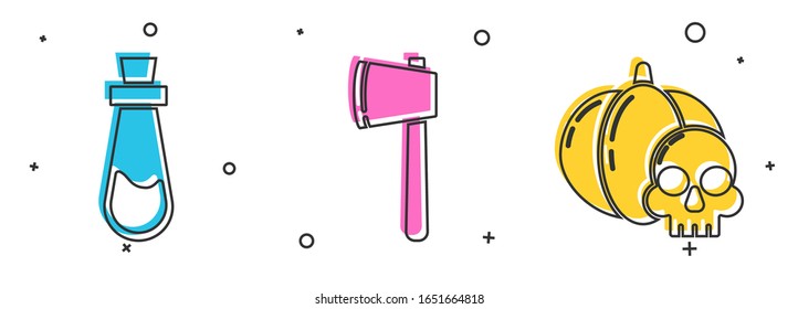 Set Bottle with potion , Wooden axe  and Pumpkin and skull  icon. Vector