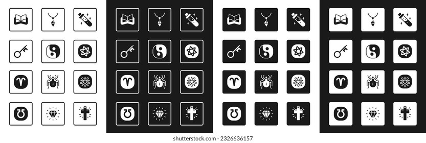 Juego Botella con poción, Yin Yang, llave antigua, libro de magia antigua, tarjetas Tarot, cristal de collar, círculo de pentagramas y icono de Aries zodiac. Vector