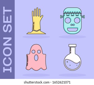 Set Bottle with potion , Zombie hand , Ghost  and Zombie mask  icon. Vector