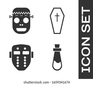 Set Bottle with potion , Zombie mask , Hockey mask  and Coffin with christian cross  icon. Vector