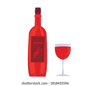 set: a bottle of red wine and a glass on a thin stem. alcoholic products. elegant tableware. restaurant menu, set for a romantic or festive evening. icons. wine for the holiday. vector