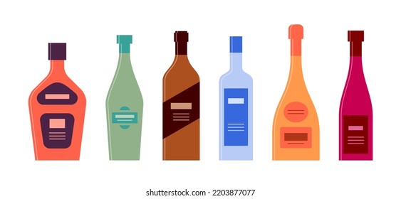 Set Bottle Of Rum Vermouth Balsam Vodka Champagne Wine In Row. Icon Bottle With Cap And Label. Graphic Design For Any Purposes. Flat Style. Color Form. Party Drink Concept. Simple Image Shape. Vector.