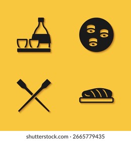 Conjunto de botella de sake, filete de pescado, palillos de comida y icono de sushi con sombra larga. Vector