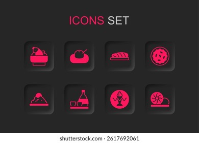 Set Bottle of sake, Mochi, Rice with fish in bowl, Served on plate, Homemade pie, Xiao long bao, Fish steak and  icon. Vector