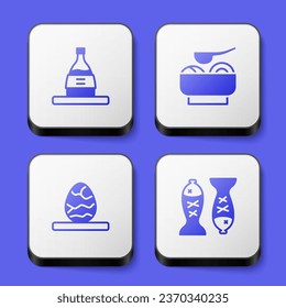 Set Bottle of sake, Ramen soup bowl, Chinese tea egg and Served fish on plate icon. White square button. Vector