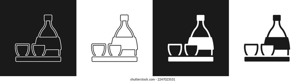 Set Bottle of sake, small cup of sake icon isolated on black and white background.  Vector