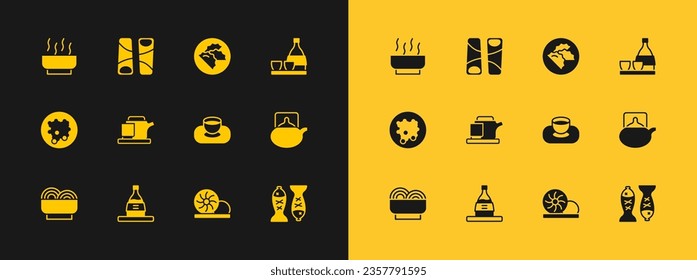 Set Bottle of sake, Soy sauce in bowl, Xiao long bao, Traditional tea ceremony, Dumpling, Ramen soup and Guotie icon. Vector