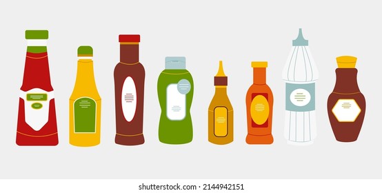 Set of bottle sauce in flat style. Vector illustration of natural soy sauce, ketchup, mayonnaise, wasabi, hot chili, mustard, bbq on white background.