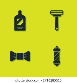 Conjunto de botella de champú, poste de la tienda de barbero clásico, pajarita y rasuradora icono. Vector