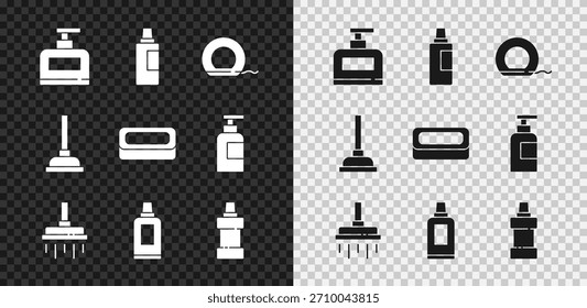 Conjunto de botella de champú, para agente de limpieza, hilo dental, cabezal de ducha, émbolo de goma e icono de jabón de barra. Vector