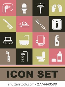 Set Bottle of shampoo, Cleaning spray bottle, Male toilet, Shaving razor, Electric iron, Hairbrush, Shower and Toothbrush icon. Vector