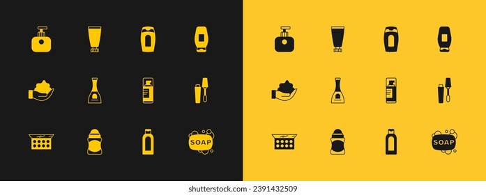 Set Bottle of shampoo, Deodorant roll, Shaving gel foam, nail polish, Tube hand cream and Cream lotion cosmetic tube icon. Vector
