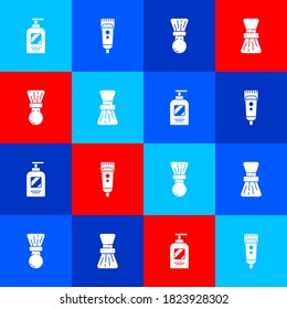 Set Bottle of shampoo, Electrical hair clipper or shaver, Shaving brush and icon. Vector.