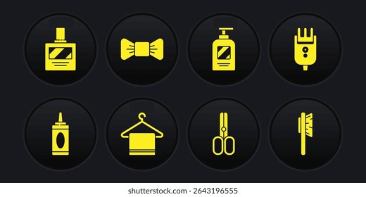 Set Bottle of shampoo, Electrical hair clipper or shaver, Towel on hanger, Scissors hairdresser, Bow tie, Hairbrush and Aftershave icon. Vector