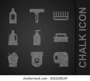 Set Bottle of shampoo, Epilator, Toilet paper roll, Brush for cleaning, Bucket with soap suds, agent, Hairbrush and  icon. Vector