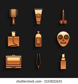 Set Bottle of shampoo, Eyebrow tweezers, Lipstick, Facial cosmetic mask, Makeup powder with mirror, Perfume, Scissors and Hairbrush icon. Vector