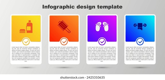 Set Bottle of shampoo, Hairbrush, Flip flops and Toilet paper roll. Business infographic template. Vector