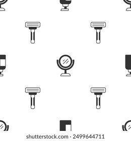 Set Bottle of shampoo, Hand mirror and Shaving razor on seamless pattern. Vector